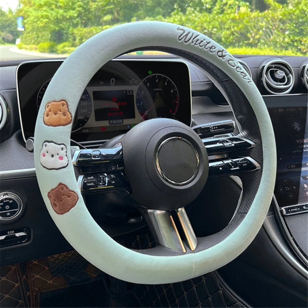 38cm D-shape Cartoon Bear Car Steering Wheel Cover Short Plush Warm Steering Wheel Sleeve - Green - 2
