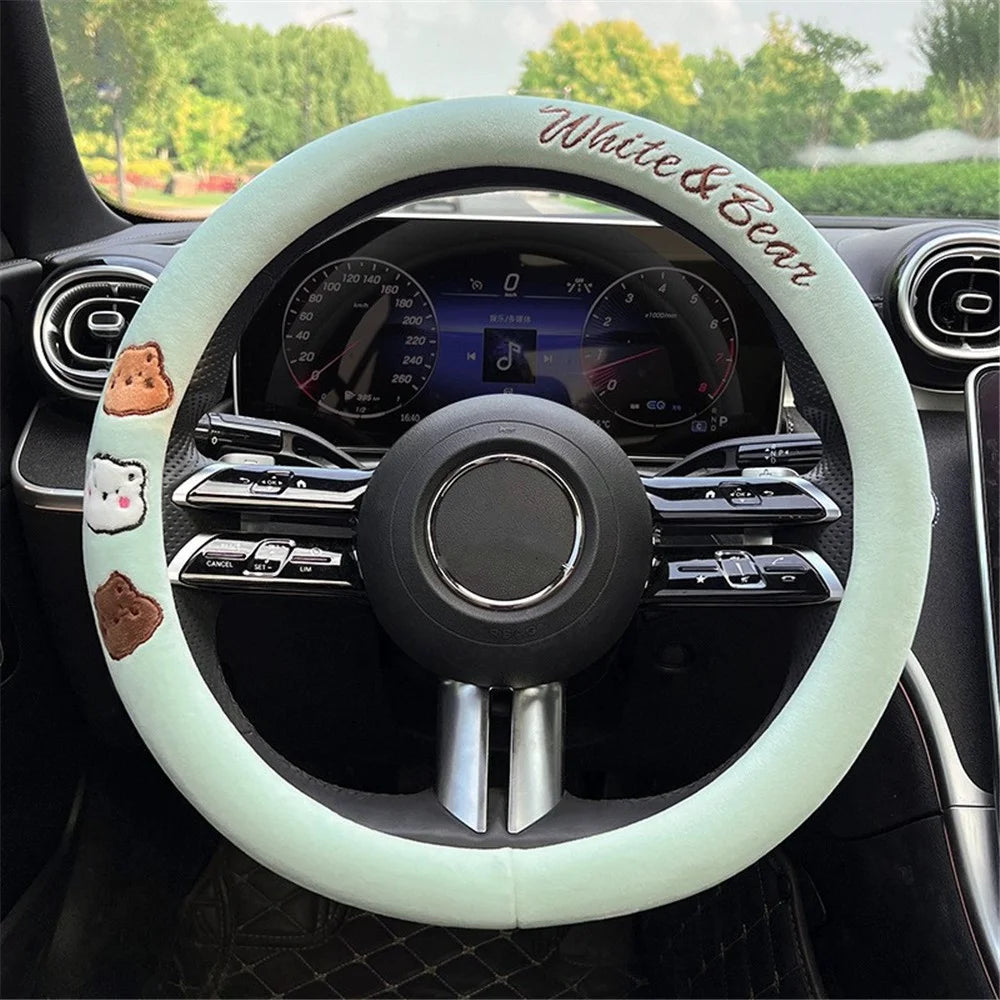 38cm Round Car Steering Wheel Cover Cartoon Bear Design Short Plush Warm Steering Wheel Sleeve - Green - 1