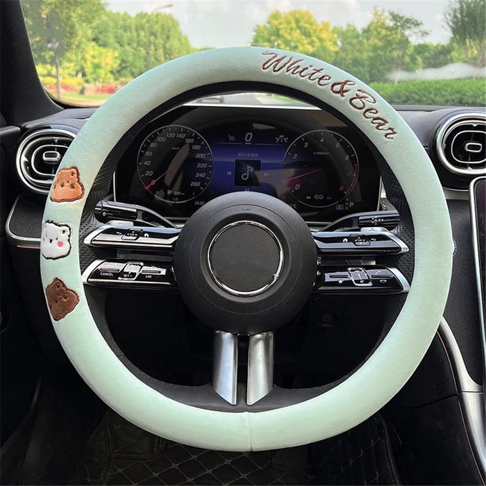 38cm Round Car Steering Wheel Cover Cartoon Bear Design Short Plush Warm Steering Wheel Sleeve - Green - 1