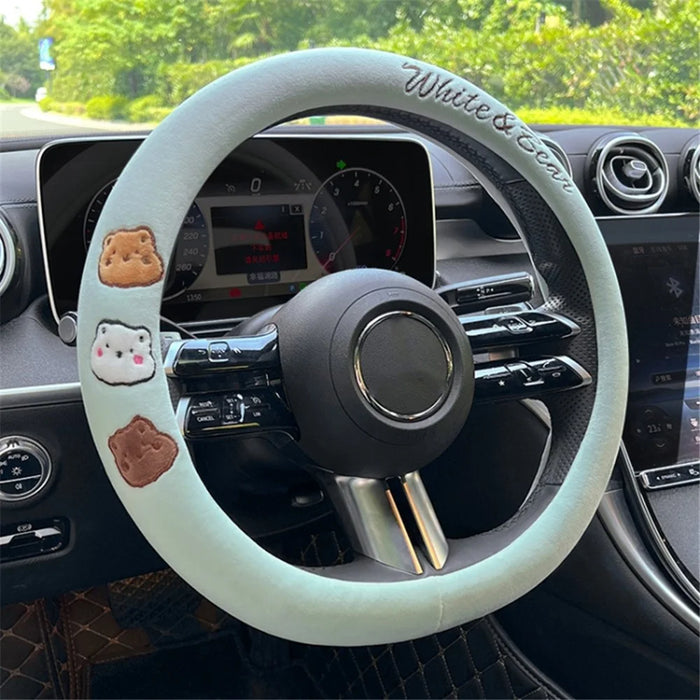 38cm Round Car Steering Wheel Cover Cartoon Bear Design Short Plush Warm Steering Wheel Sleeve - Green - 2