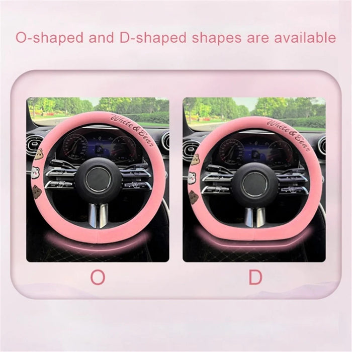 38cm Round Car Steering Wheel Cover Cartoon Bear Design Short Plush Warm Steering Wheel Sleeve - Green - 7