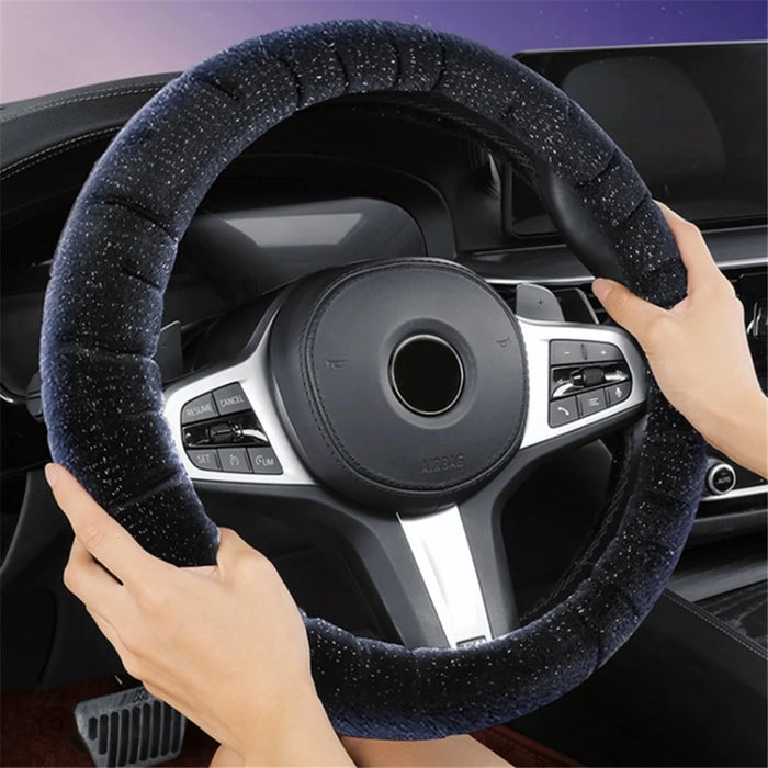 38cm Round Car Steering Wheel Cover Fluffy Winter Plush Anti-Slip Car Decoration - Black - 2