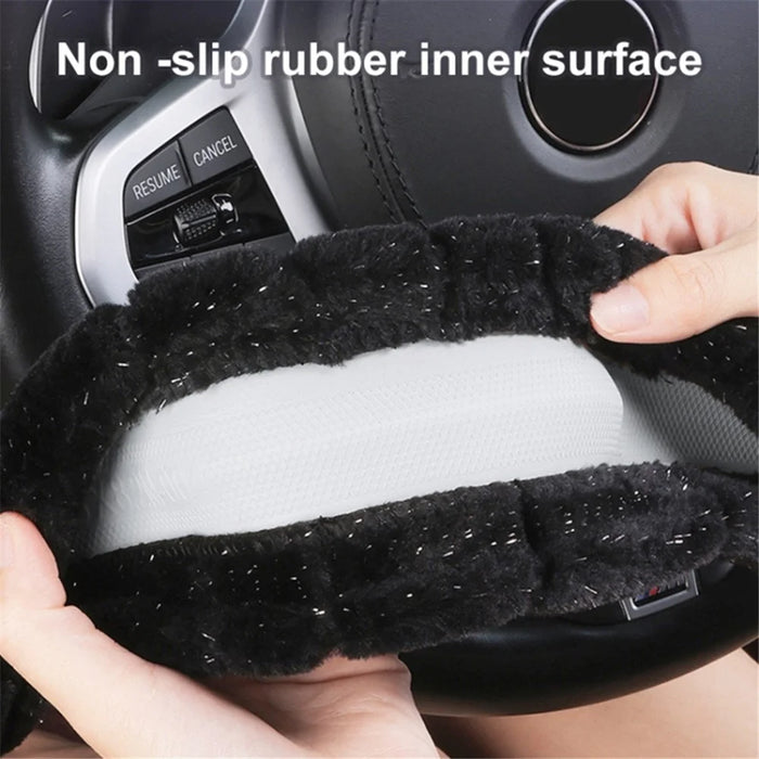 38cm Round Car Steering Wheel Cover Fluffy Winter Plush Anti-Slip Car Decoration - Black - 4
