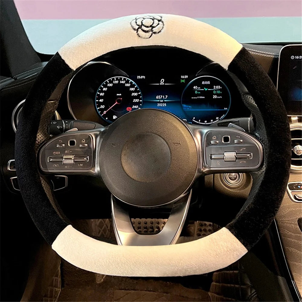 38cm D-shape Camellia Pattern Car Steering Wheel Cover Plush Warm Steering Wheel Sleeve - Black+White - 1