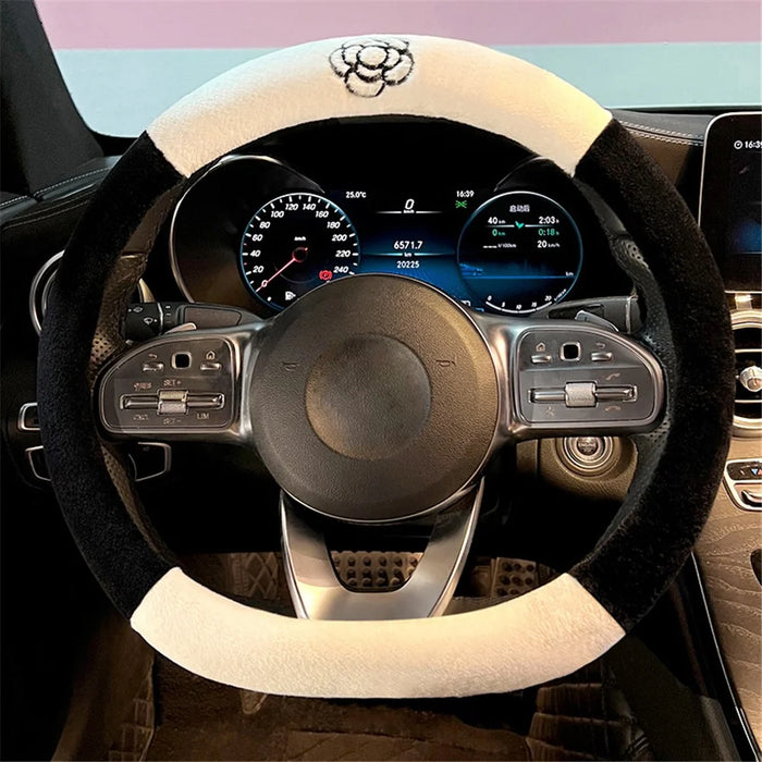 38cm D-shape Camellia Pattern Car Steering Wheel Cover Plush Warm Steering Wheel Sleeve - Black+White - 1