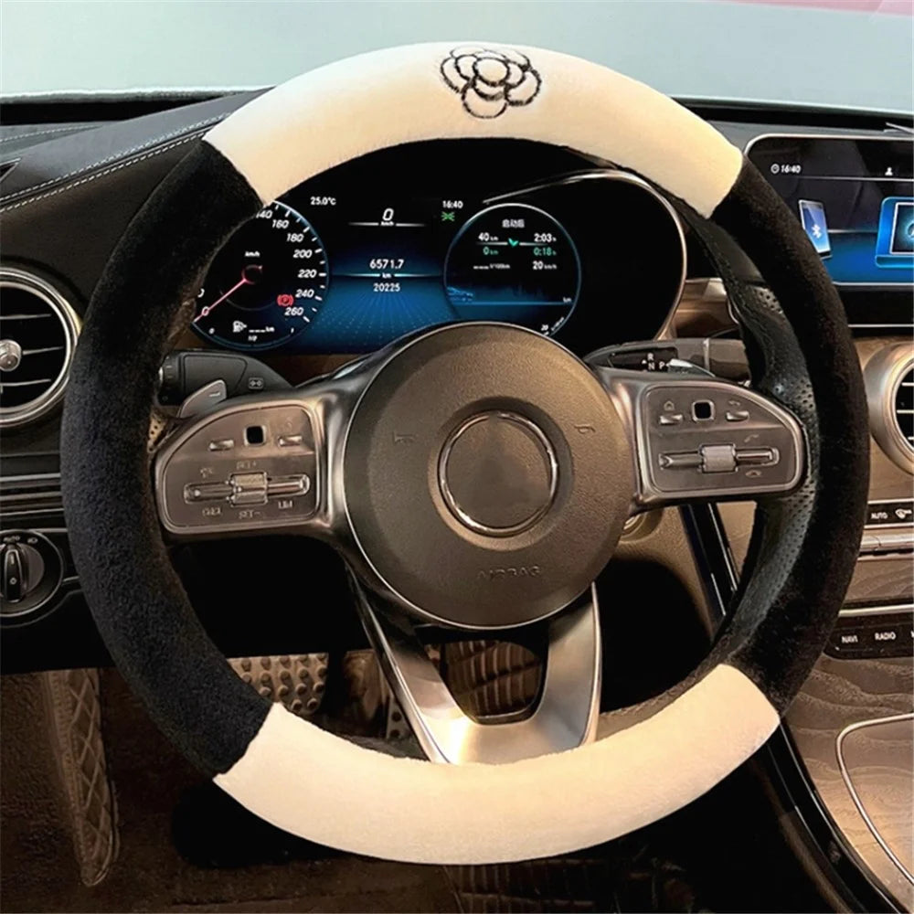 38cm Round Car Steering Wheel Cover Camellia Pattern Anti-skid Plush Steering Wheel Sleeve - Black+White - 1