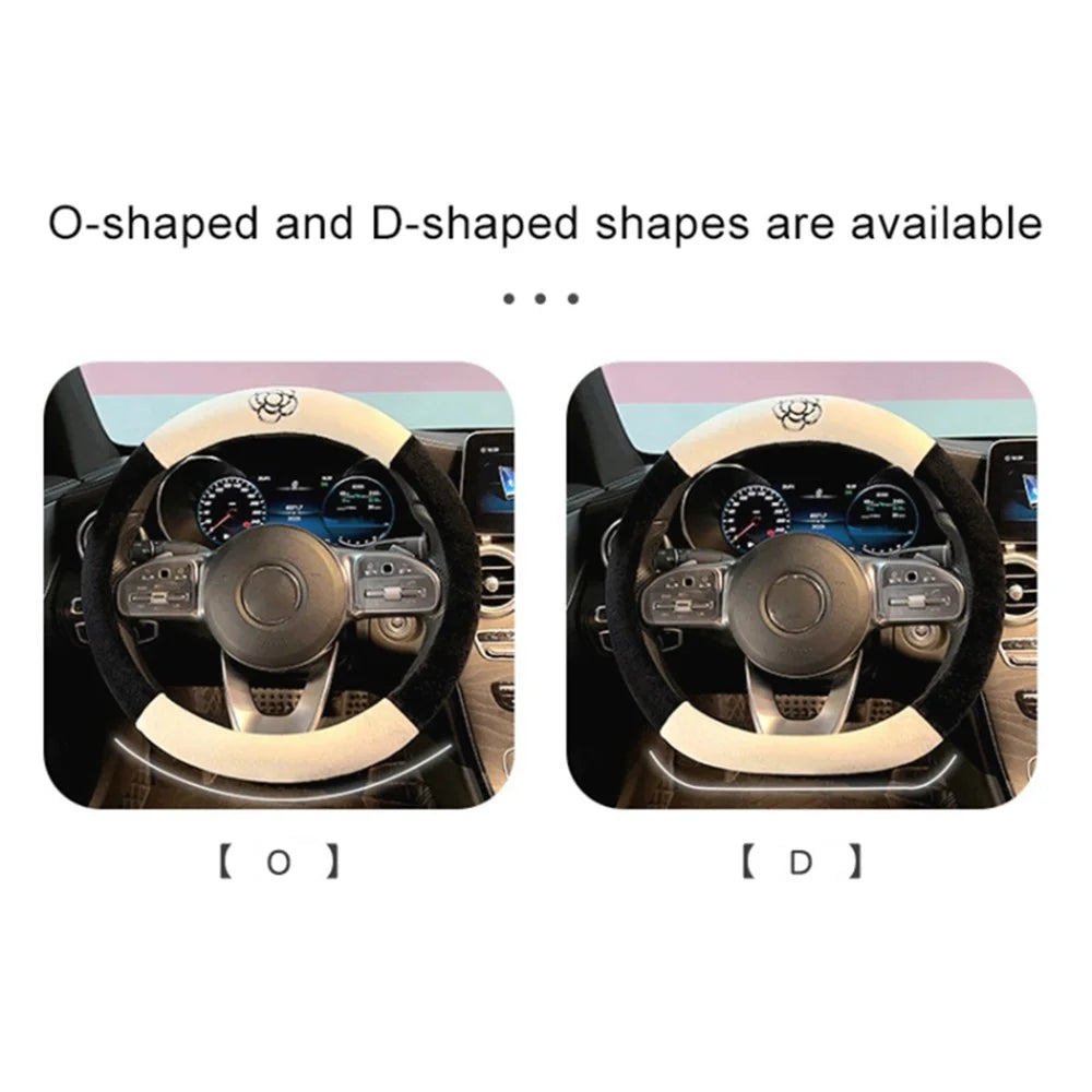 38cm Round Car Steering Wheel Cover Camellia Pattern Anti-skid Plush Steering Wheel Sleeve - Black+White - 4