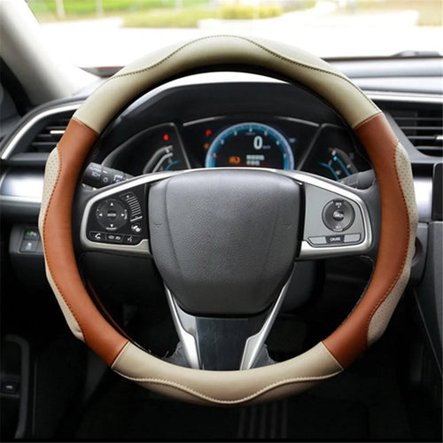 38cm Round Car Steering Wheel Cover Anti-skid Microfiber Leather Steering Wheel Sleeve - Beige+Coffee - 1