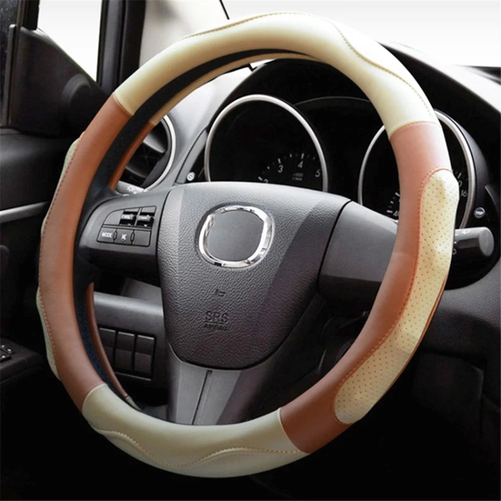 38cm Round Car Steering Wheel Cover Anti-skid Microfiber Leather Steering Wheel Sleeve - Beige+Coffee - 2