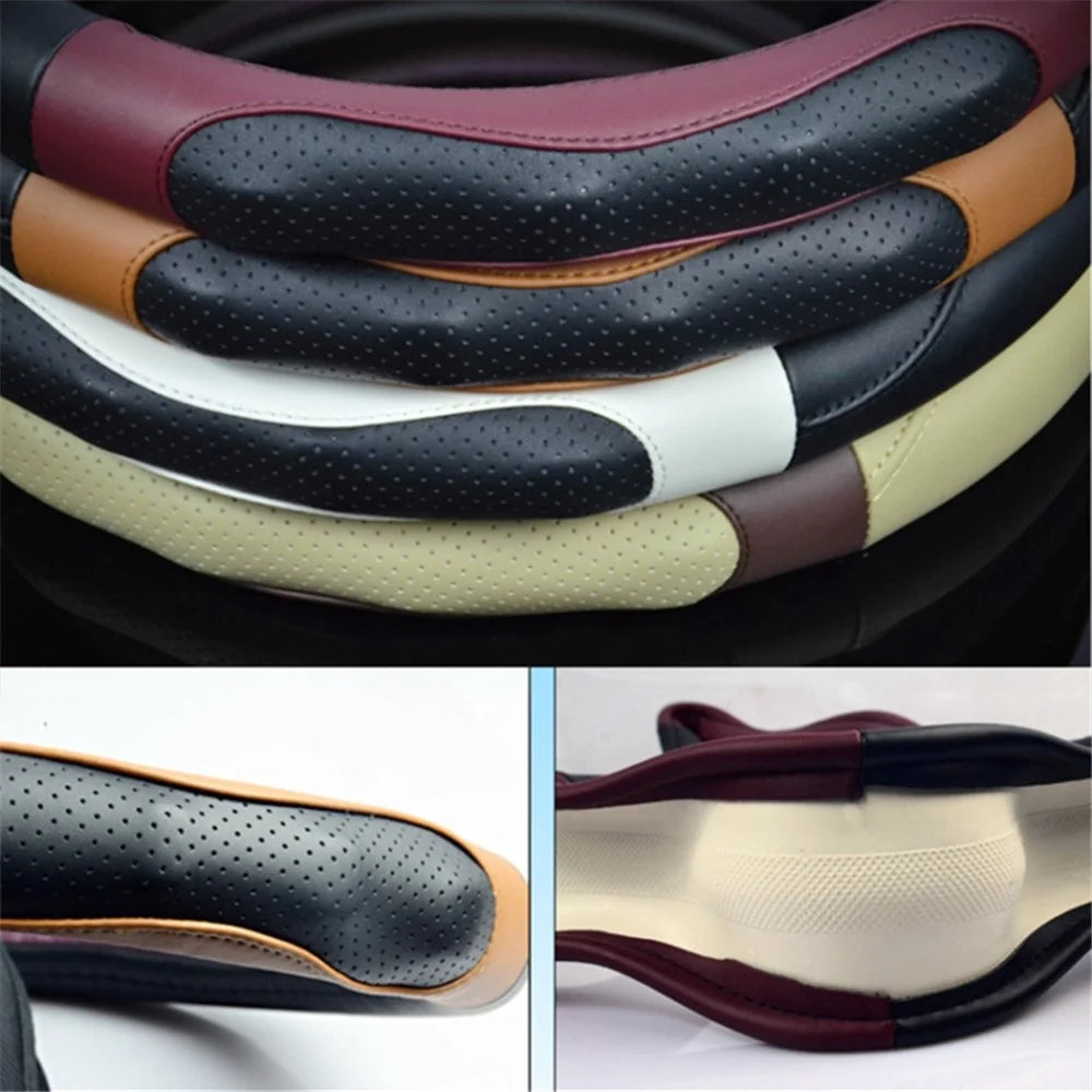 38cm Round Car Steering Wheel Cover Anti-skid Microfiber Leather Steering Wheel Sleeve - Beige+Coffee - 4
