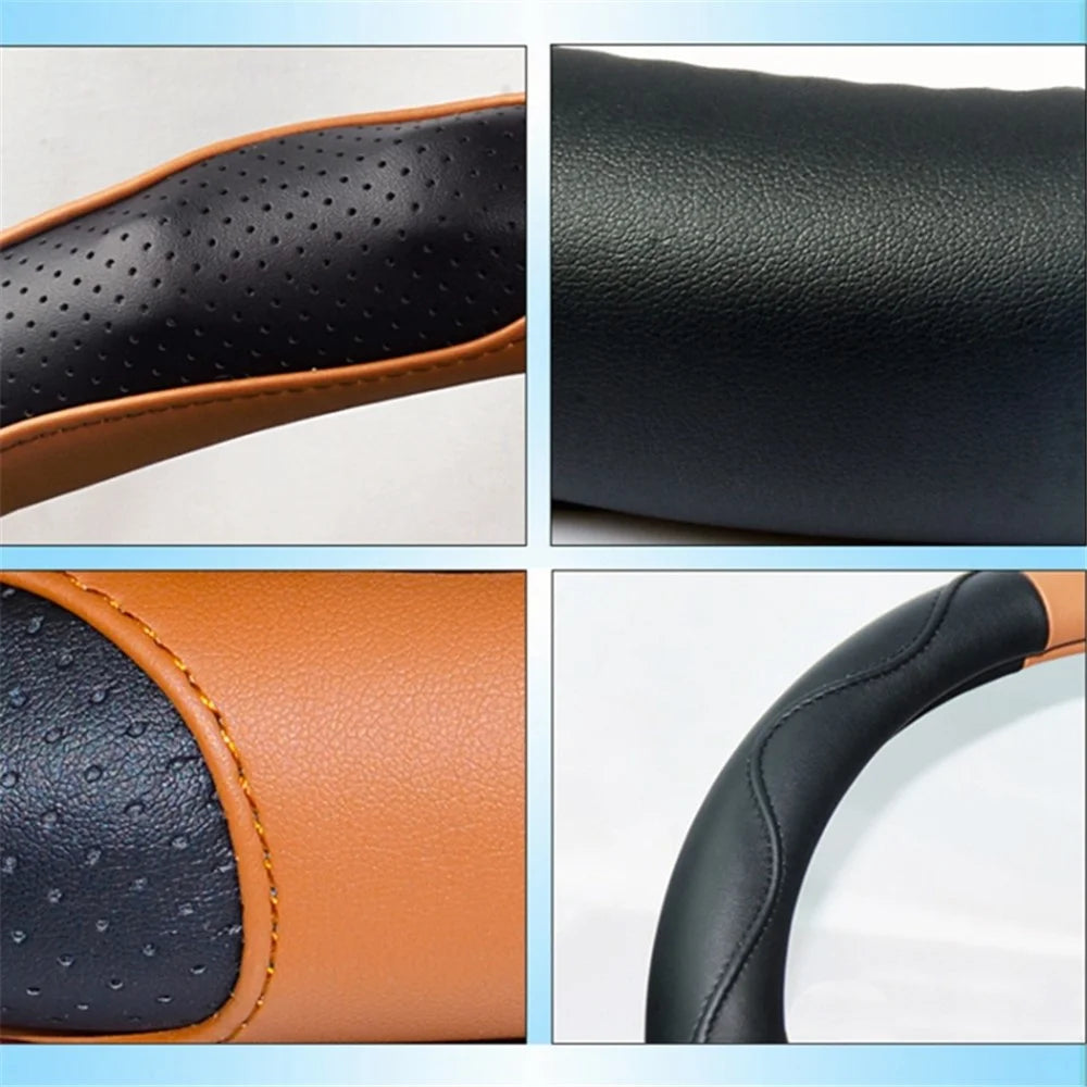38cm Round Car Steering Wheel Cover Anti-skid Microfiber Leather Steering Wheel Sleeve - Beige+Coffee - 5
