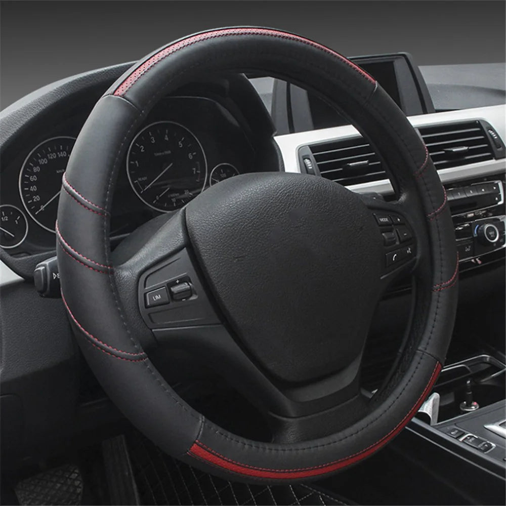 38cm Stylish Car Steering Wheel Cover Cowhide Leather Anti-skid Steering Wheel Sleeve - Black+Red - 1