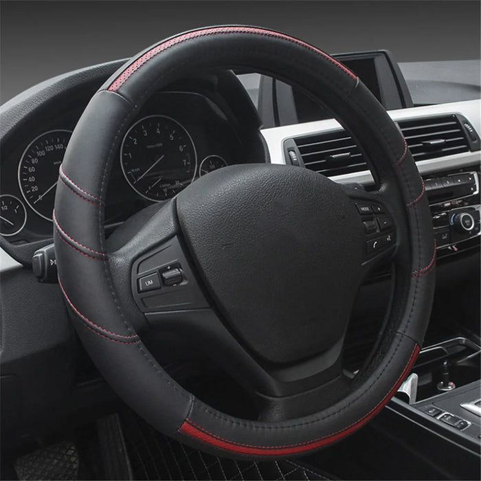 38cm Stylish Car Steering Wheel Cover Cowhide Leather Anti-skid Steering Wheel Sleeve - Black+Red - 1