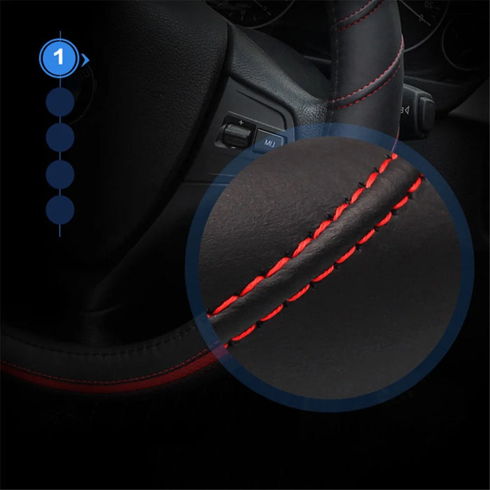 38cm Stylish Car Steering Wheel Cover Cowhide Leather Anti-skid Steering Wheel Sleeve - Black+Red - 2
