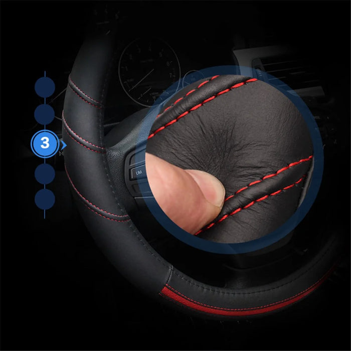 38cm Stylish Car Steering Wheel Cover Cowhide Leather Anti-skid Steering Wheel Sleeve - Black+Red - 3