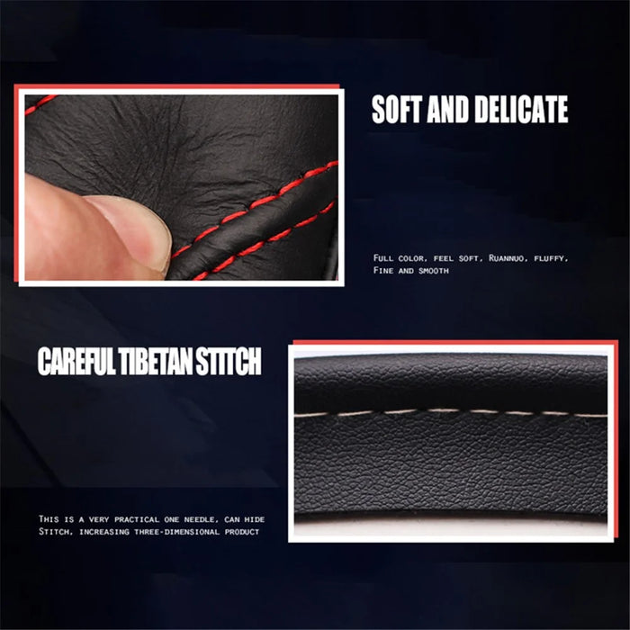 38cm Stylish Car Steering Wheel Cover Cowhide Leather Anti-skid Steering Wheel Sleeve - Black+Red - 6