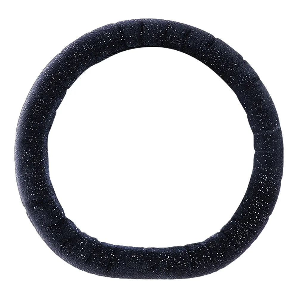 38cm D-shape Fluffy Steering Wheel Cover Short Plush Non-Slip Steering Wheel Protector - Black - 1