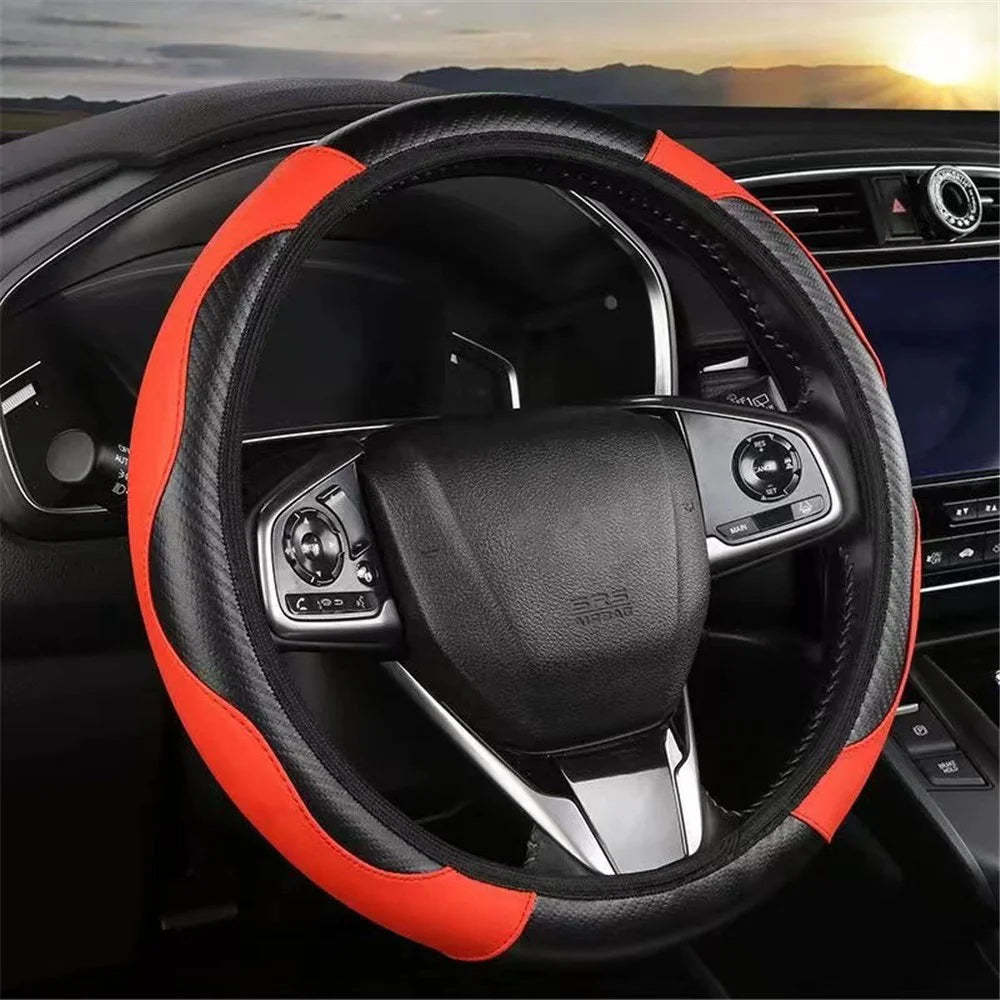 39cm Carbon Fiber Leather Steering Wheel Cover Anti-Slip Car Steering Wheel Protector - Red - 1