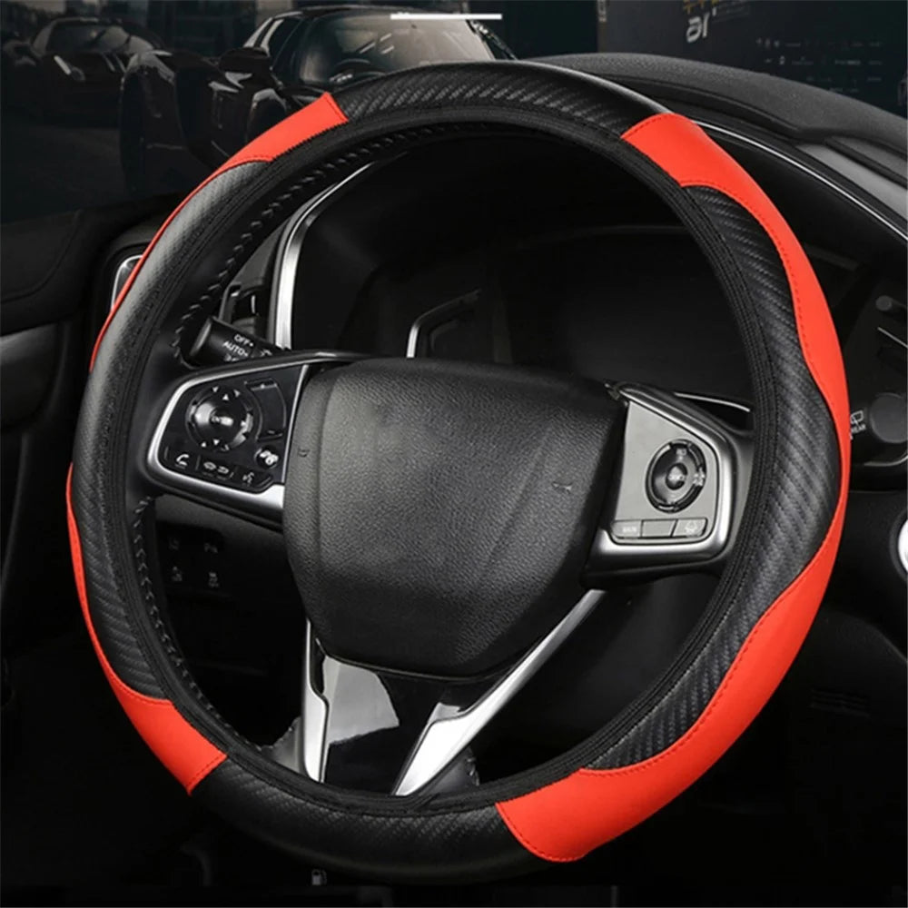 39cm Carbon Fiber Leather Steering Wheel Cover Anti-Slip Car Steering Wheel Protector - Red - 2