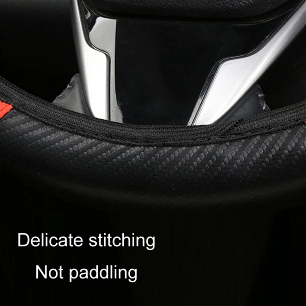 39cm Carbon Fiber Leather Steering Wheel Cover Anti-Slip Car Steering Wheel Protector - Red - 3