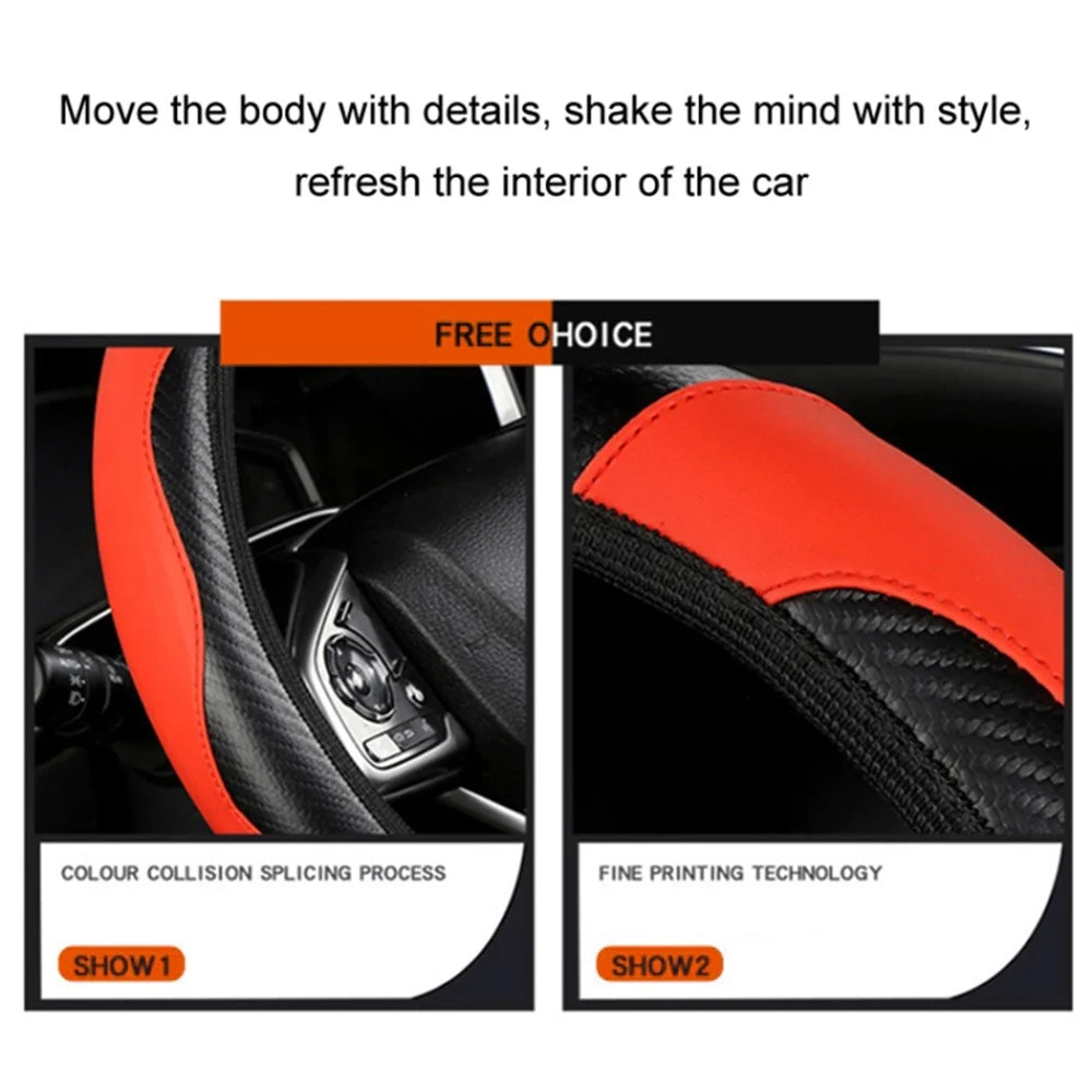 39cm Carbon Fiber Leather Steering Wheel Cover Anti-Slip Car Steering Wheel Protector - Red - 4