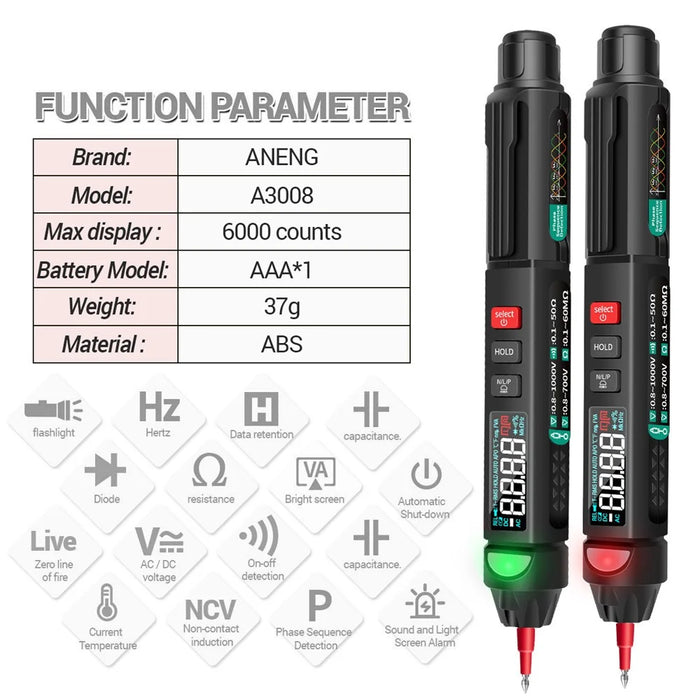 ANENG A3008 6000 Counts Voltage Meter Non Contact AC / DC LCD Display NCV Digital Multimeter Pen - 3