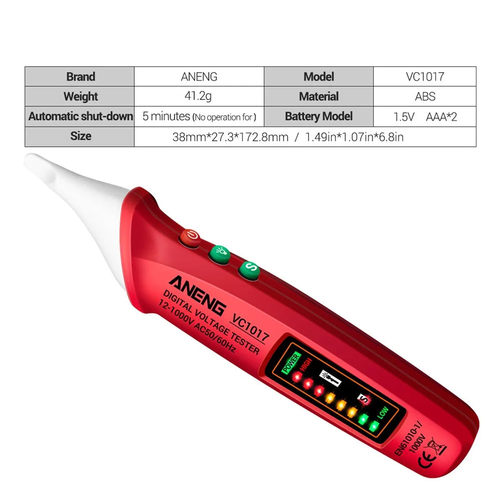 ANENG VC1017 12-1000V Non-contact Sound-light Tester Digital AC Voltage Meter Multimeter Pen - Red - 4
