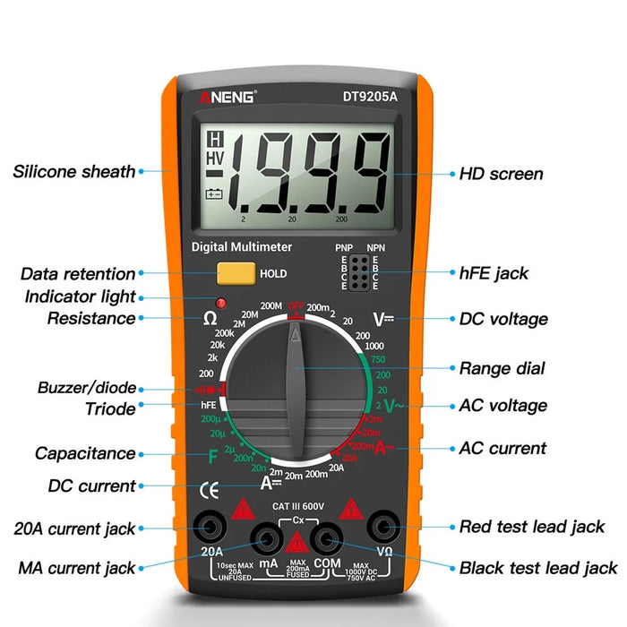 ANENG DT9205A Multifunctional HD Digital True RMS Multimeter AC/DC Voltage Meter - Orange - 7