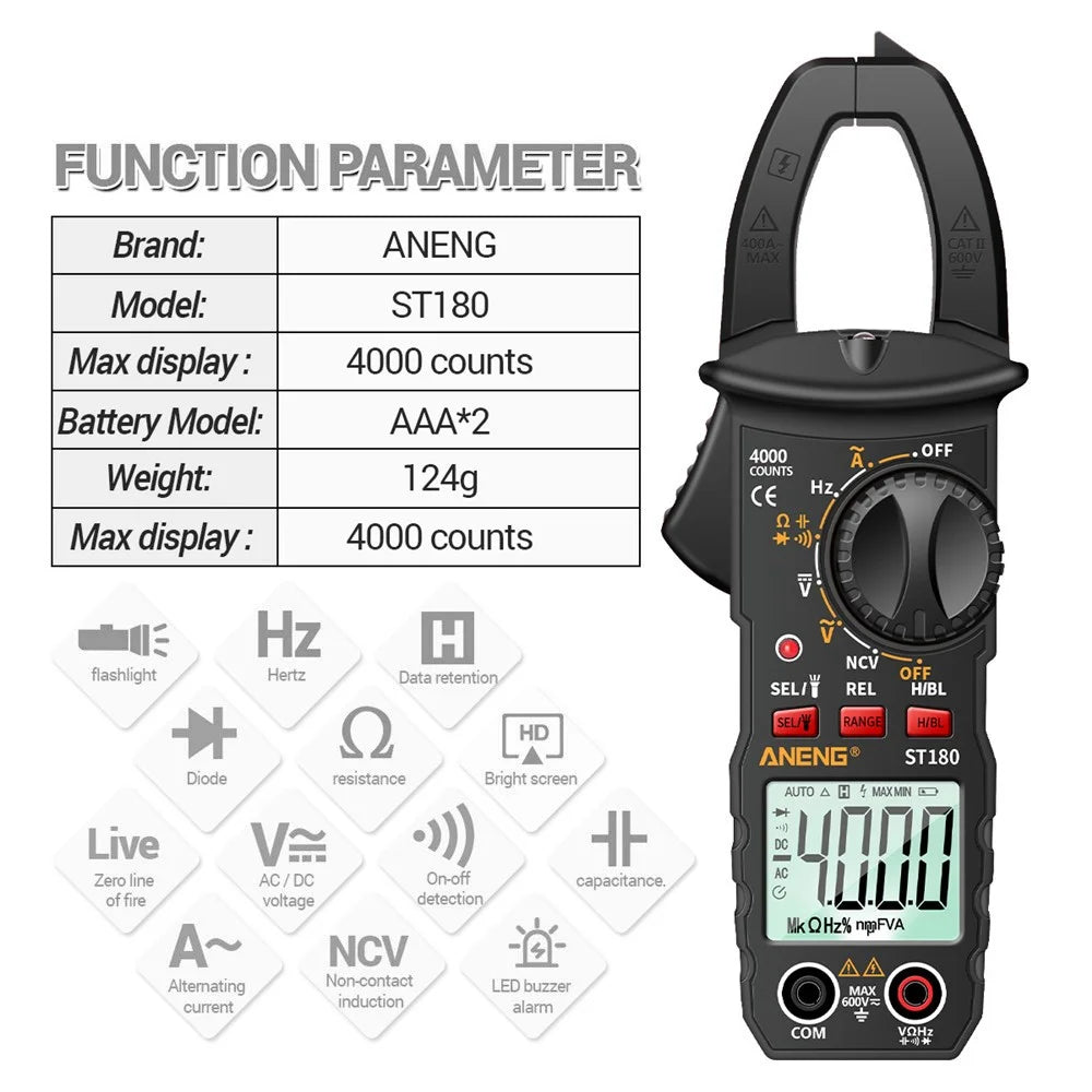ANENG ST180 4000 Counts Digital Clamp Meter AC Current Multimeter Ammeter Voltage Tester - Black - 3
