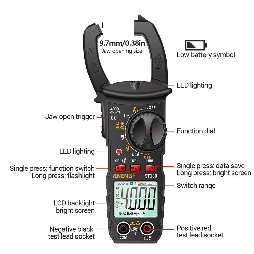 ANENG ST180 4000 Counts Digital Clamp Meter AC Current Multimeter Ammeter Voltage Tester - Black - 5