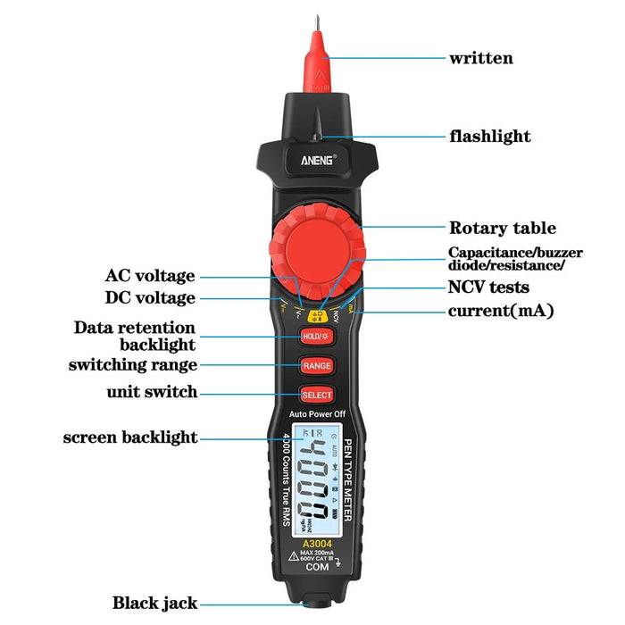 ANENG A3004 Multimeter Pen Meter 4000 Counts Non Contact AC/DC Voltage Resistance Capacitance Diode Continuity Tester - 4
