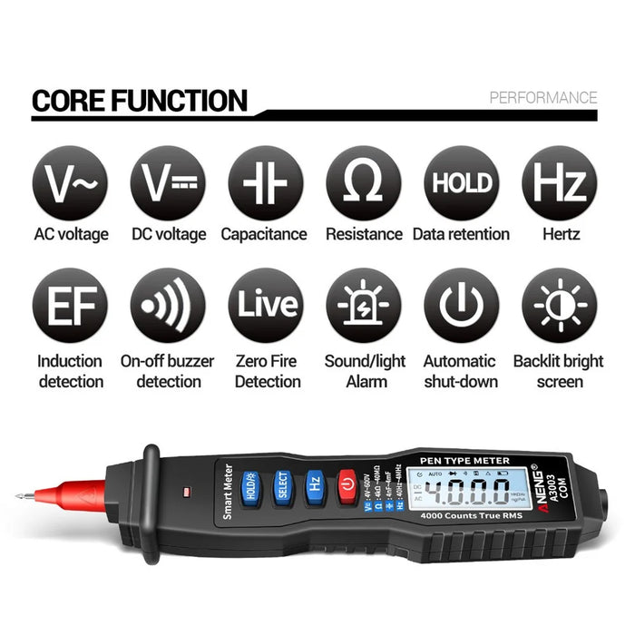 ANENG A3003 Digital Pen Auto Multimeter 4000 Counts Smart Meter with NCV AC/DC Voltage Resistance Capacitance Tester - Black - 3