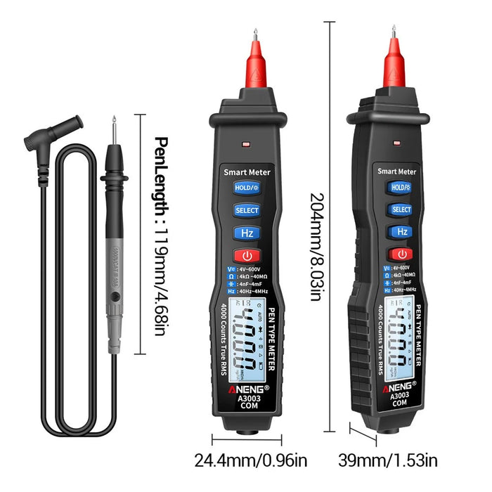 ANENG A3003 Digital Pen Auto Multimeter 4000 Counts Smart Meter with NCV AC/DC Voltage Resistance Capacitance Tester - Black - 4