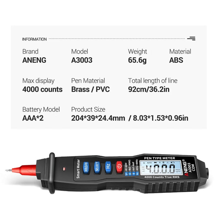 ANENG A3003 Digital Pen Auto Multimeter 4000 Counts Smart Meter with NCV AC/DC Voltage Resistance Capacitance Tester - Black - 5