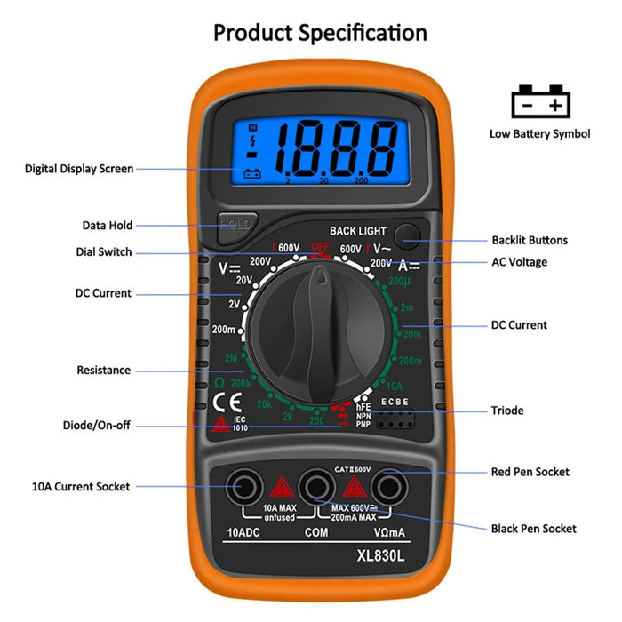 XL830L Multifunction LCD Multimeter Tester Handheld Digital Multimeter AC/DC Resistance Meter with Backlit - 3