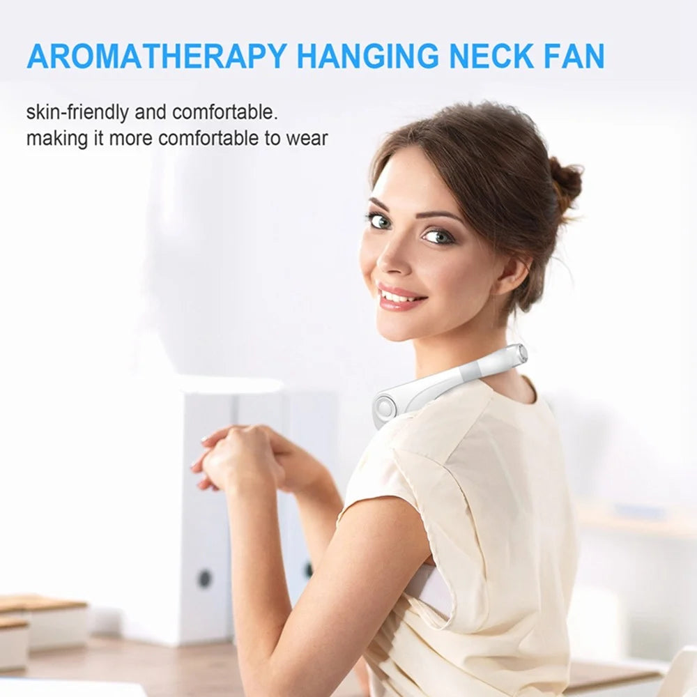 Aromatherapy Summer Air Cooling Neck Fan Leafless Hanging Neck Fan Bladeless Ventilator USB Rechargeable Neckband Fans Air Cooler - White - 5