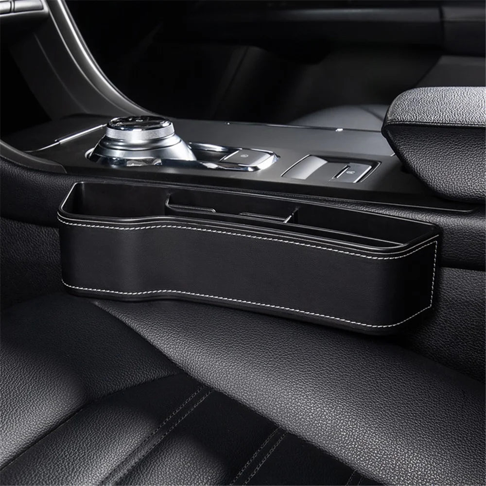 Driver Side Car Front Seat Seam Storage Box Phone Drink Can Holder Seat Gap Organizer - Black / Leather Material - 1