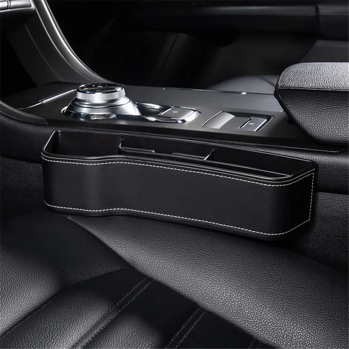 Driver Side Car Front Seat Seam Storage Box Phone Drink Can Holder Seat Gap Organizer - Black / Leather Material - 1