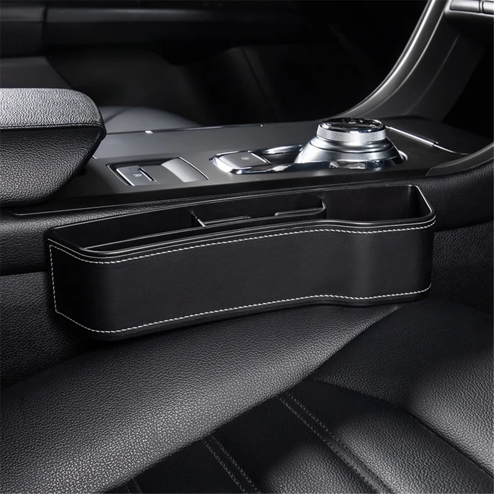 Passenger Side Car Front Seat Seam Storage Box Car Seat Gap Phone Drink Can Organizer - Black / Leather Material - 1