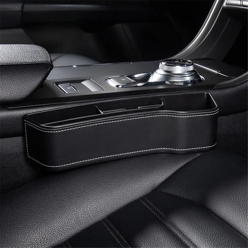 Passenger Side Car Front Seat Seam Storage Box Car Seat Gap Phone Drink Can Organizer - Black / Leather Material - 1