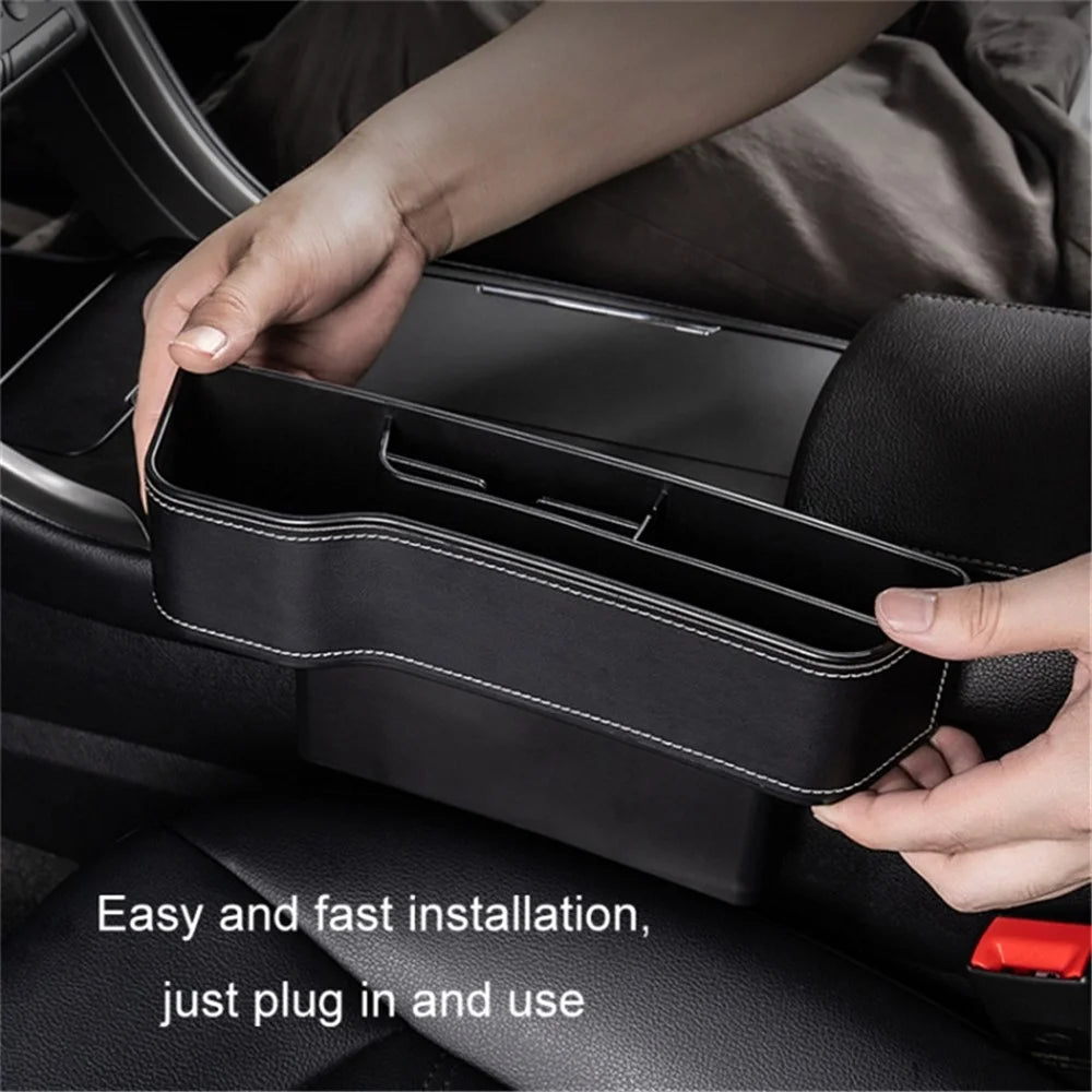 Passenger Side Car Front Seat Seam Storage Box Car Seat Gap Phone Drink Can Organizer - Black / Leather Material - 2