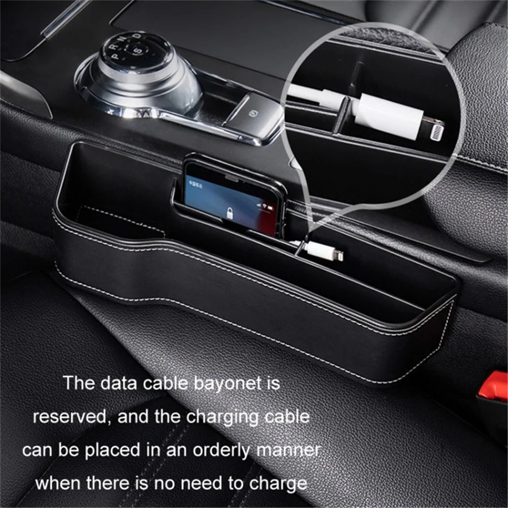 Passenger Side Car Front Seat Seam Storage Box Car Seat Gap Phone Drink Can Organizer - Black / Leather Material - 5