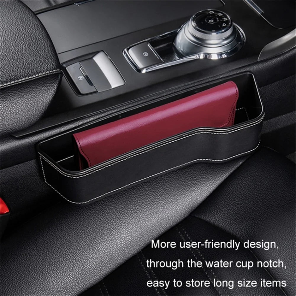 Passenger Side Car Front Seat Seam Storage Box Car Seat Gap Phone Drink Can Organizer - Black / Leather Material - 6