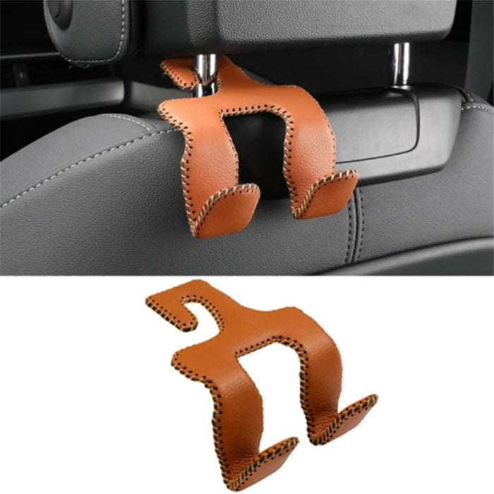 Dual Hook Design Car Seat Back Hanging Hook Stainless Steel + PU Leather Car Seat Headrest Hook Phone Holder - Brown - 1