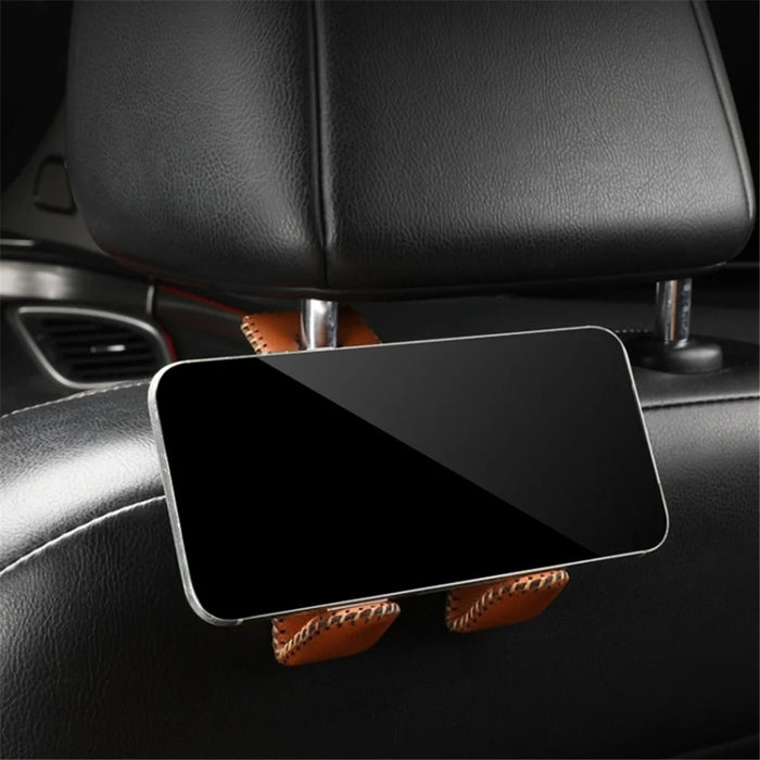 Dual Hook Design Car Seat Back Hanging Hook Stainless Steel + PU Leather Car Seat Headrest Hook Phone Holder - Brown - 2