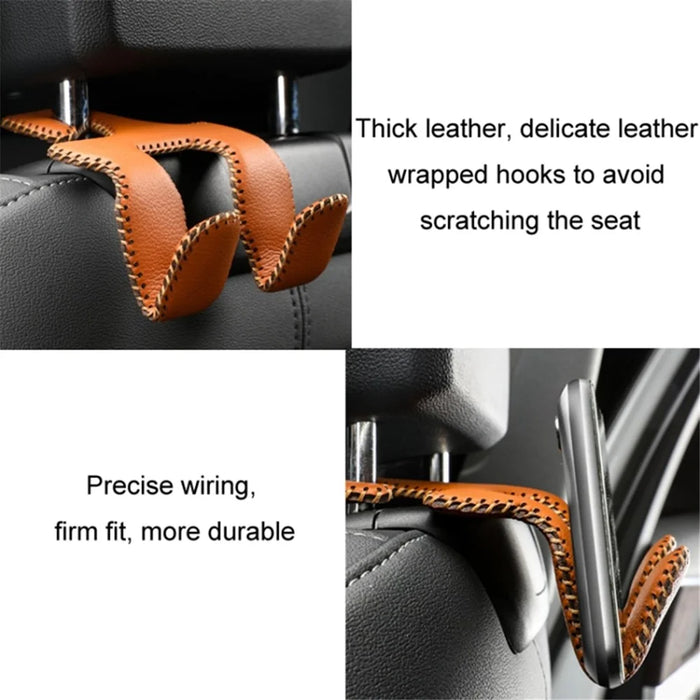 Dual Hook Design Car Seat Back Hanging Hook Stainless Steel + PU Leather Car Seat Headrest Hook Phone Holder - Brown - 4