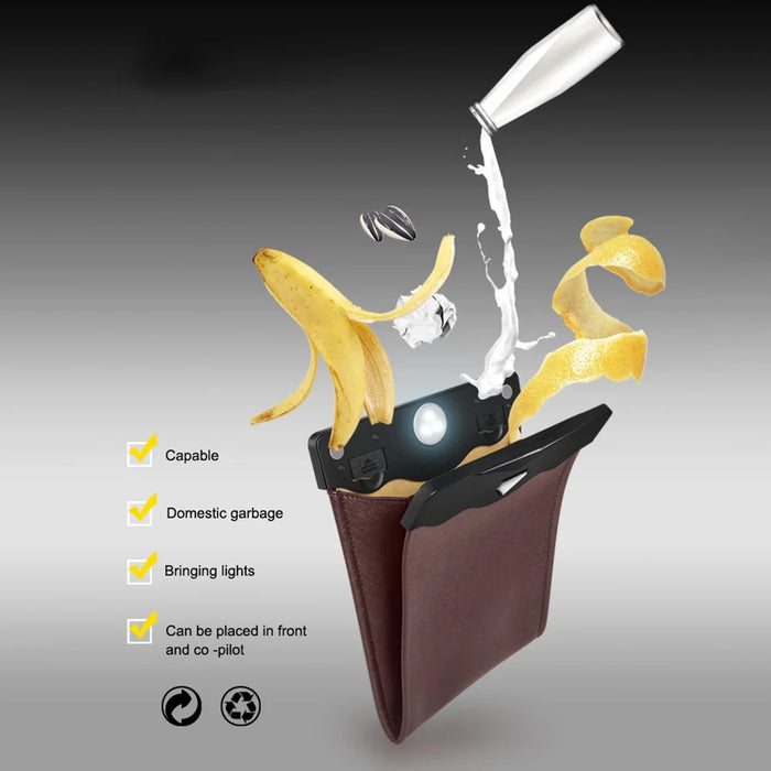 PU Leather+PC Car Trash Bag LED Light Magnetic Closure Garbage Bag Vehicle Rubbish Container Garbage Can - Brown - 2
