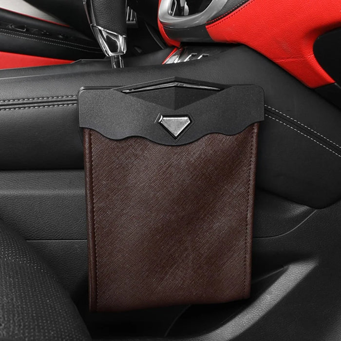PU Leather+PC Car Trash Bag LED Light Magnetic Closure Garbage Bag Vehicle Rubbish Container Garbage Can - Brown - 3