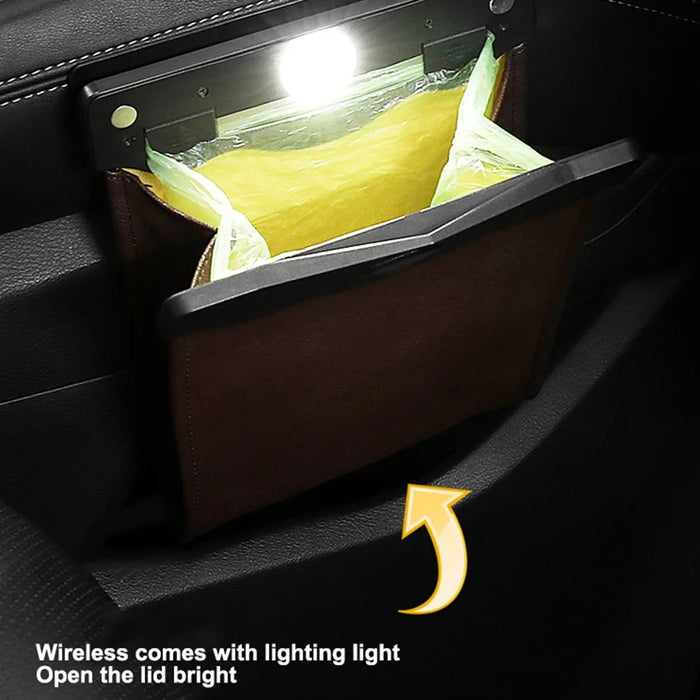 PU Leather+PC Car Trash Bag LED Light Magnetic Closure Garbage Bag Vehicle Rubbish Container Garbage Can - Brown - 4