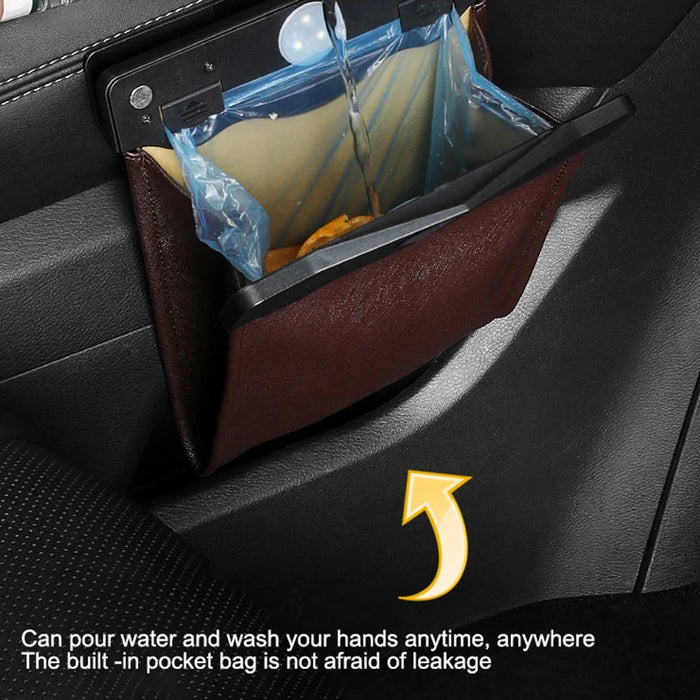 PU Leather+PC Car Trash Bag LED Light Magnetic Closure Garbage Bag Vehicle Rubbish Container Garbage Can - Brown - 5